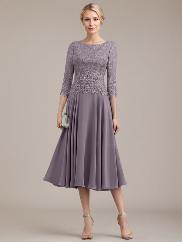 A-Linie U-Ausschnitt Wadenlang Chiffon-Kleid für die Brautmutter 