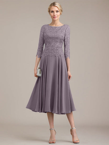 A-Linie U-Ausschnitt Wadenlang Chiffon-Kleid für die Brautmutter 