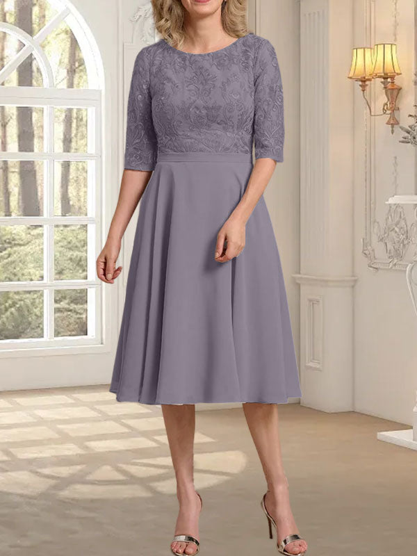 Robe de mère de la mariée en mousseline de soie à dentelle, longueur genou, en ligne A avec encolure dégagée