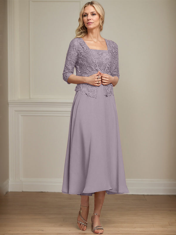 A-Linie Quadratisches Wadenlanges Chiffon-Spitzenkleid für die Brautmutter mit Pailletten und Perlen 