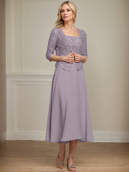 A-Linie Quadratisches Wadenlanges Chiffon-Spitzenkleid für die Brautmutter mit Pailletten und Perlen 