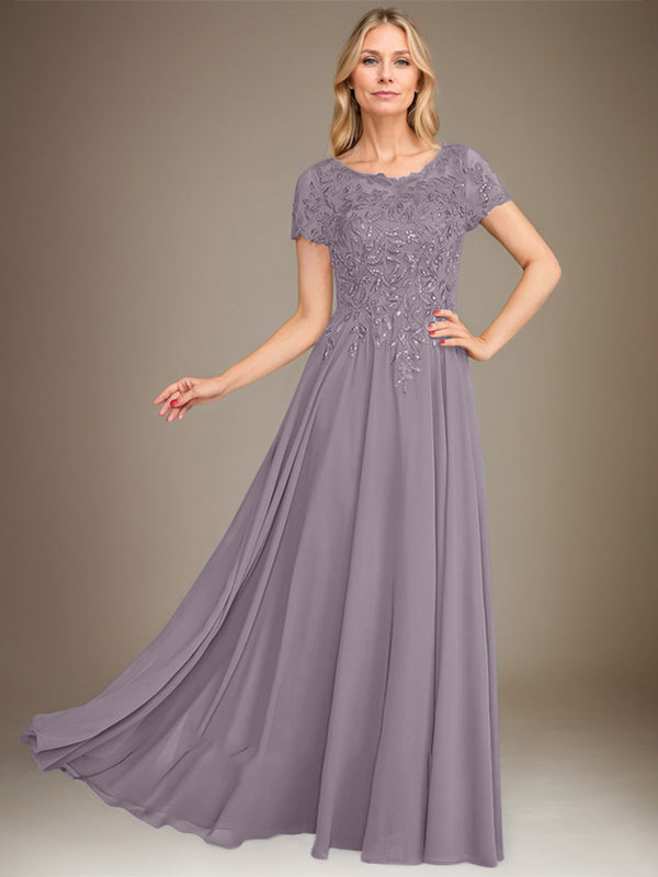 Robe de mère de la mariée en mousseline, longueur au sol, coupe en A, décolleté arrondi, ornée d'appliques et de paillettes