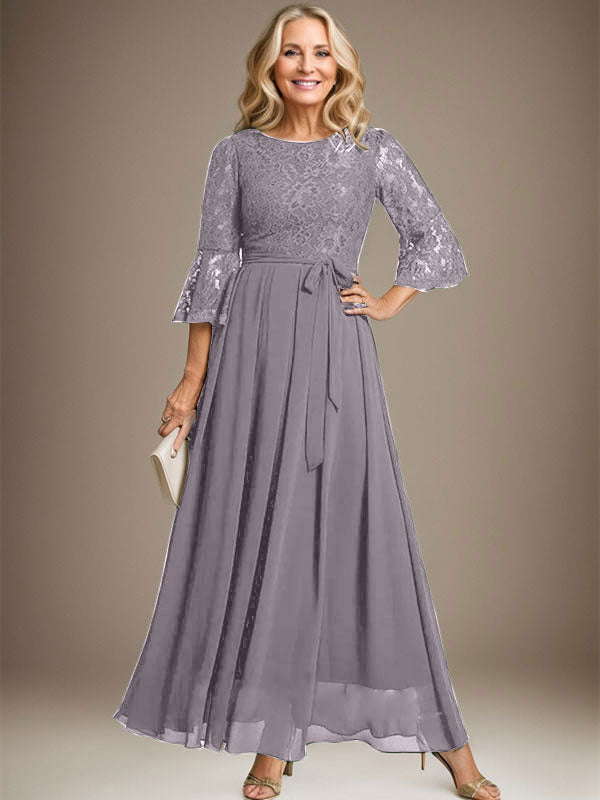 Robe de mère de la mariée en mousseline de soie à dentelle, longueur cheville, en forme trapèze avec encolure dégagée et nœud