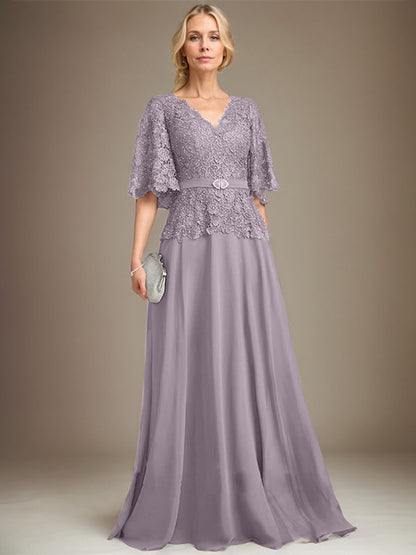 A-Linie V-Ausschnitt Bodenlang Chiffon Spitze Mutter der Braut Kleid Mit Kristall Brosche Strass 
