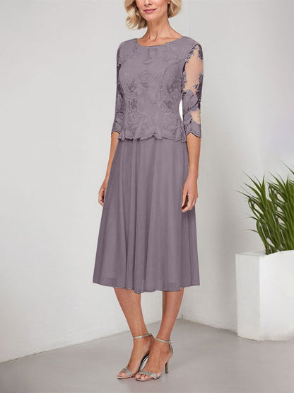 A-Linie U-Ausschnitt Wadenlang Spitzen Chiffon Mutter der Braut Kleid mit Stickerei 