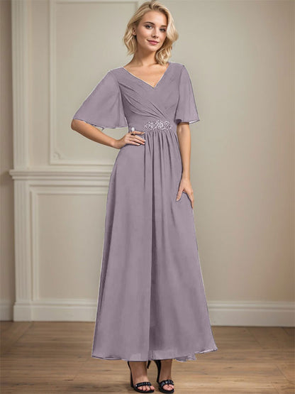 A-line V-Neck Ankle-Length Chiffon Mother of the Bride Dress With Pleated Beading Sequins