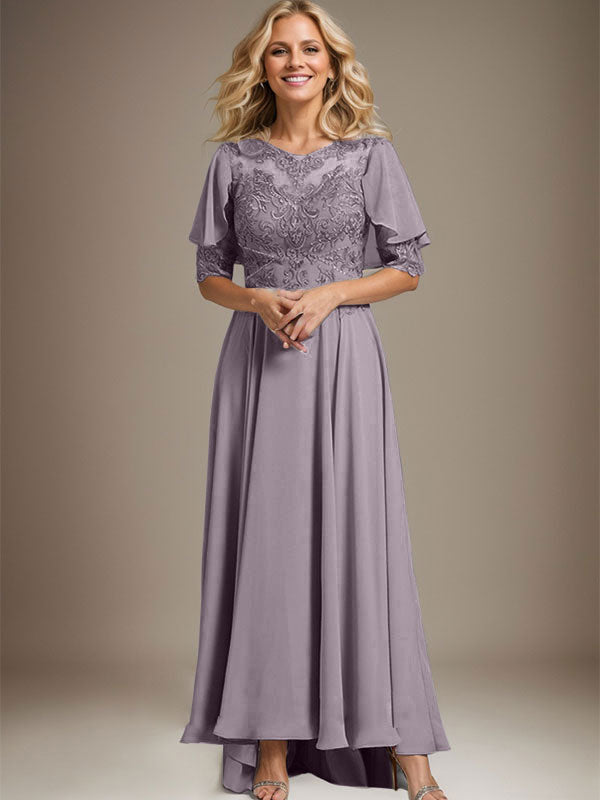 Robe de mère de la mariée en mousseline et dentelle asymétrique à encolure dégagée en ligne A avec perles
