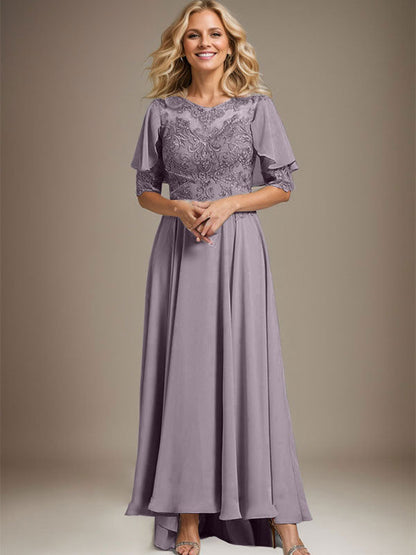 A-Linie U-Ausschnitt Illusion Asymmetrisch Chiffon Spitze Mutter der Braut Kleid mit Perlen 