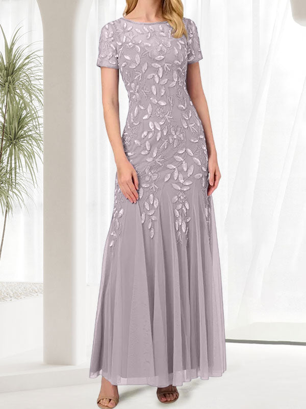 Vestido largo de sirena azul con cuello redondo para madre de la novia con cuentas