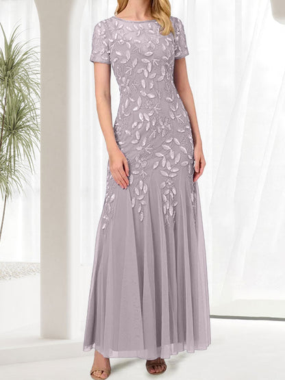 Vestido largo de sirena azul con cuello redondo para madre de la novia con cuentas