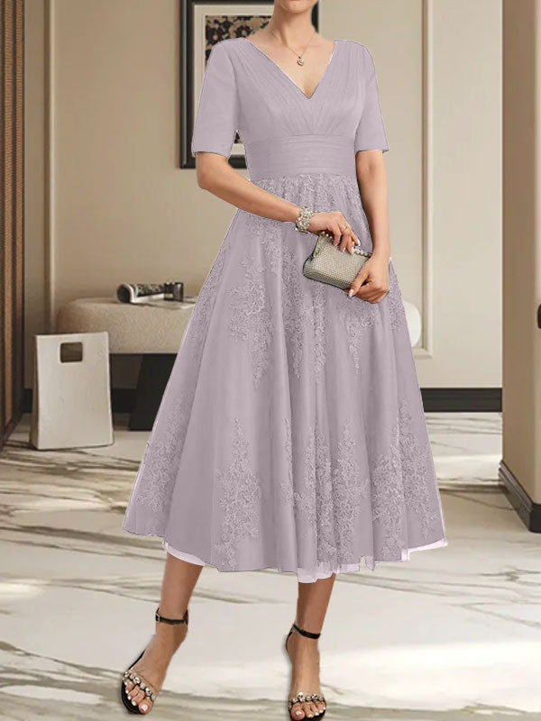 A-Linie V-Ausschnitt Wadenlanges Tüll-Spitzenkleid für die Brautmutter mit Plissee