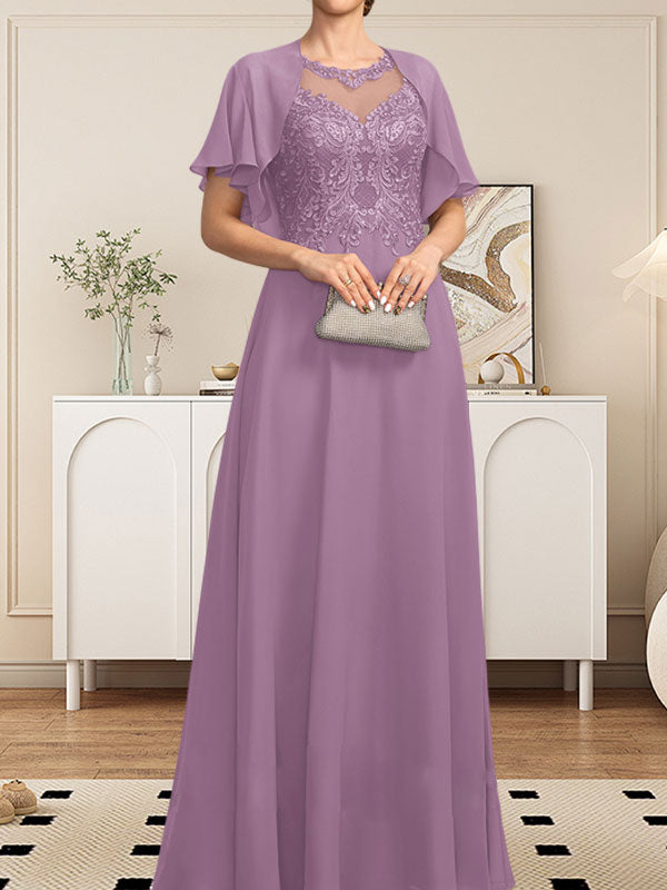 A-Linie, U-Ausschnitt, Illusion, bodenlanges Spitzen-Chiffon-Kleid für die Brautmutter mit Pailletten