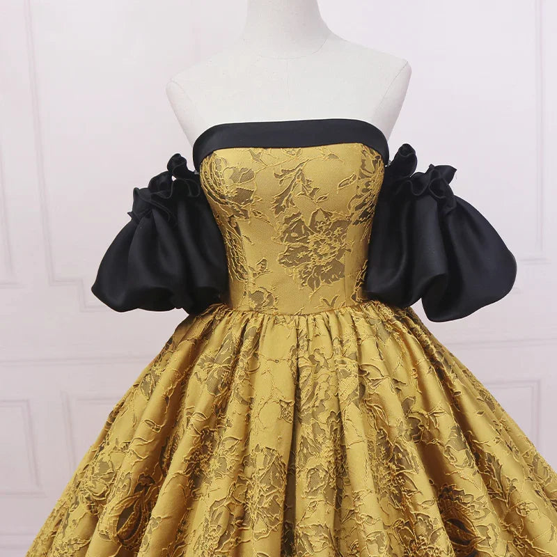 Abito da sposa dorato sottile in stile retrò moda, vestito da ballo d'epoca s04