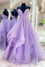Abito da sera lungo viola in tulle a linea ad A, bellissimo abito formale con spalline sottili Y1178