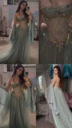 Vestido de noite elegante com aplicações de tule ombro a ombro, corte em linha A, vestido longo de baile Y8184
