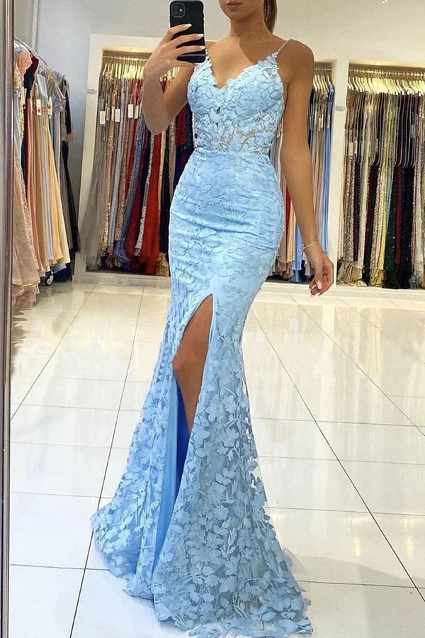 Abito lungo da sera a sirena con scollo a V e schiena scoperta in pizzo blu, abito formale a sirena in pizzo blu, abito da sera in pizzo blu Y1465