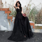 Abito lungo da sera nero in tulle con perline, abito da ballo nero Y1134