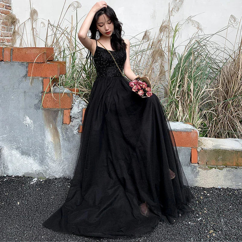 Abito lungo da sera nero in tulle con perline, abito da ballo nero Y1134