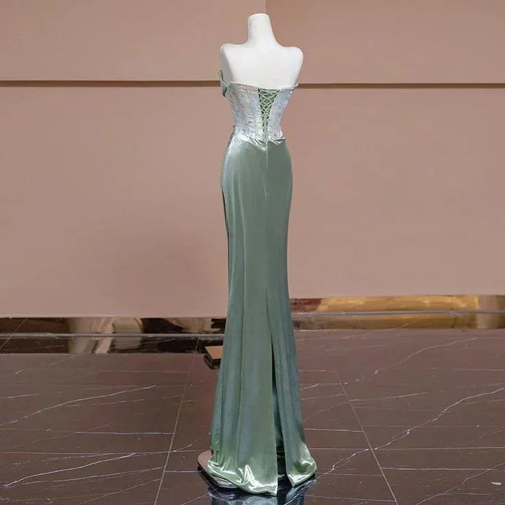 Abito da sera formale a sirena senza spalline plissettato elegante per ballo Y7989