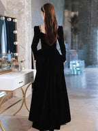 Vestido de noche negro, vestido de noche de terciopelo de alta calidad con mangas largas, hecho a medida Y2934