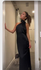 Vestido longo elegante preto, sem costas, para baile de finalistas, vestido de noite preto Y7426