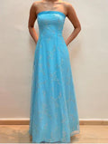 Vestido de Festa Azul com Lantejoulas Brilhantes, Sem Alças, Corte em A Y8140