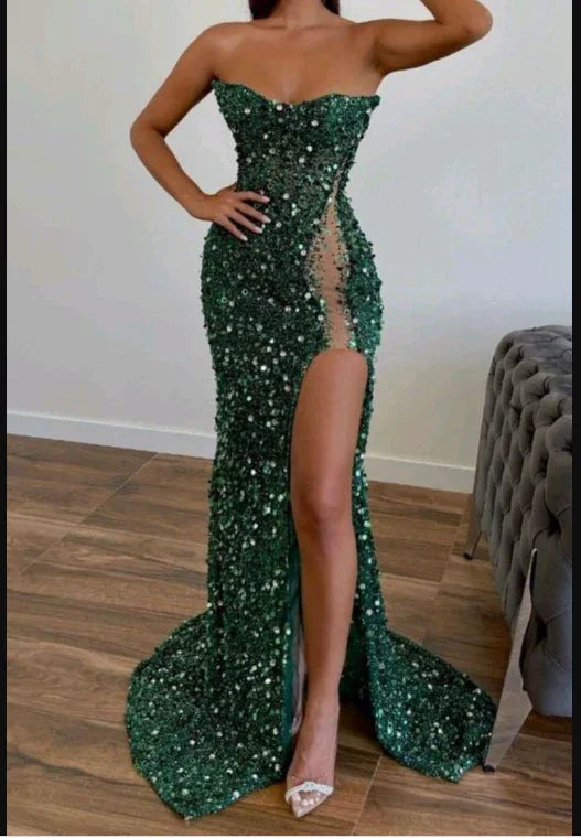 Vestidos de Noche Verdes Largos de Lujo Brillantes sin Mangas Vestidos de Noche Sirena Sexy con Abertura Lateral Vestido de Baile Y1899