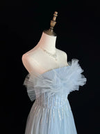Vestido de Festa Elegante Azul com Tule, Lantejoulas e Contas, Corte em A, Modelo Y8646
