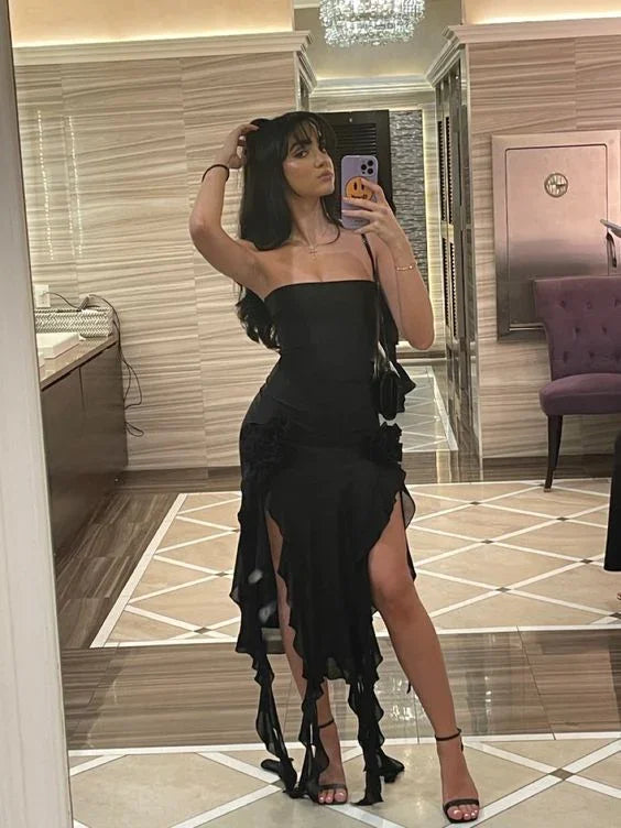 Vestido de Festa Preto Justo com Folhos, Sem Alças, em Chiffon, Modelo Y7765