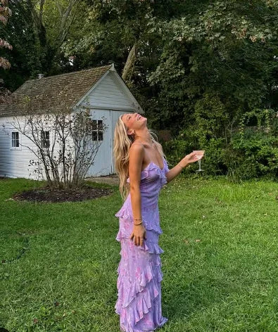Incantevole Abito da Sera Lungo con Spalline Sottili, Stampa Floreale in Chiffon Lavanda, Volant, Abito da Ballo Y8266