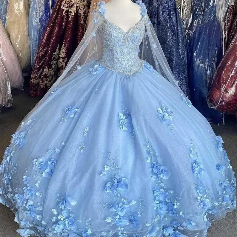 Abiti da Quinceañera Azzurro Chiaro con Fiori Abito a Palloncino Spalle Scoperte Applicazioni di Pizzo Fiori 3D Perline di Cristallo Maniche Lunghe Abito Dolce Sedici Y759