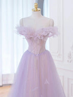 Vestido longo de baile roxo com decote ombro a ombro em linha A, Vestidos formais de noite roxos Y1783