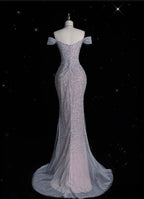 Vestido largo de noche y baile con lentejuelas y cuentas, tul lila brillante, estilo sirena, con escote barco Y8054