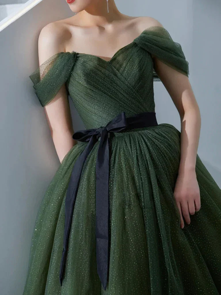 Abito lungo da sera semplice in tulle verde, abito da sera in tulle verde Y1554
