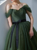 Abito lungo da sera semplice in tulle verde, abito da sera in tulle verde Y1554