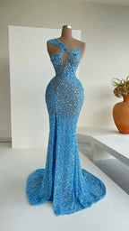 Abito da sera incantevole con paillettes sirena blu per celebrità Y31