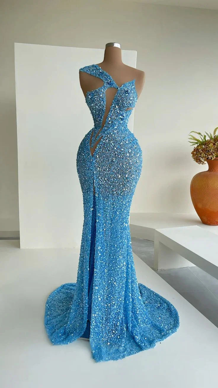 Abito da sera incantevole con paillettes sirena blu per celebrità Y31