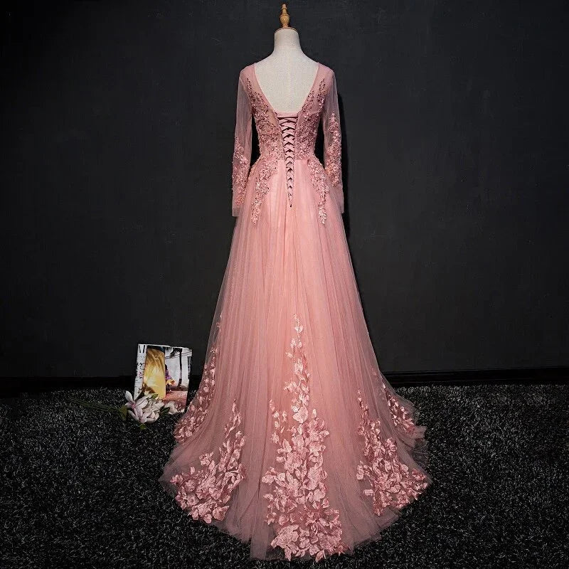 ABITO DA SERA ELEGANTE A LINEA A CON SCOLLATURA A U, LUNGO FINO AL PAVIMENTO, IN TULLE ROSA CON APPLICAZIONI, ABITO DA BALLO Y1177
