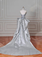 Abito da sera lungo da sirena con perline 3D e paillettes argento di lusso, abito lungo da ballo con fiocco Y8640