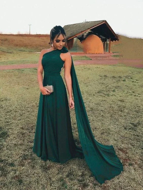 Abito da sera verde chiffon monospalla Y5774