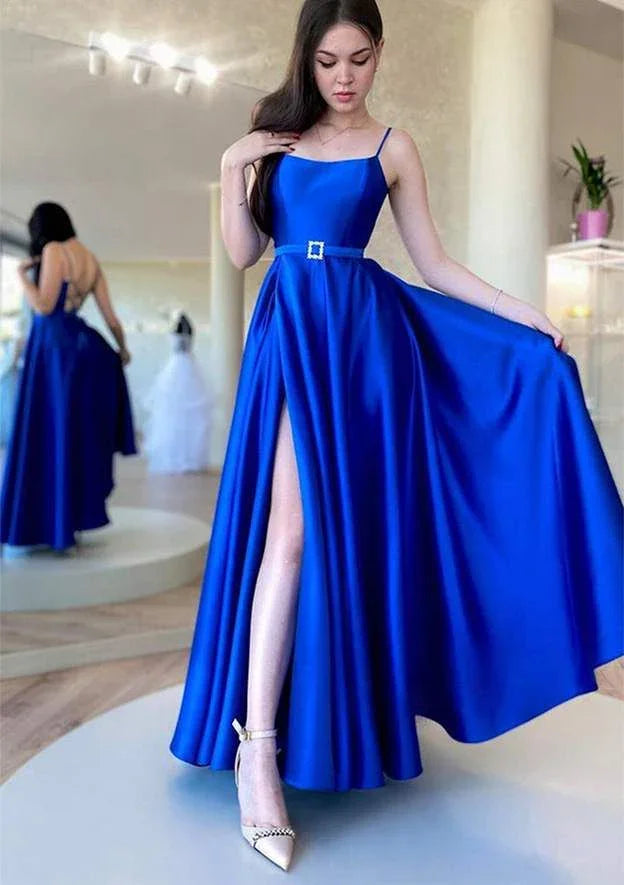 Robe de bal/robe de soirée en satin longueur cheville avec encolure carrée en ligne A et bretelles fines ceinture Y6219
