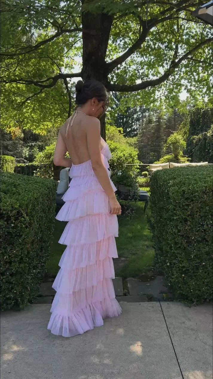 Sexy abito lungo da sera rosa a strati con collo all'americana, elegante vestito formale Y1586