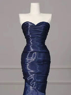 Splendido Abito Lungo da Sera Senza Spalline a Pieghe Blu Nevy Sirena per Ballo Y7987