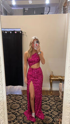 Abito lungo da sera con paillettes scintillanti e spacco, vestito da cerimonia Y2942
