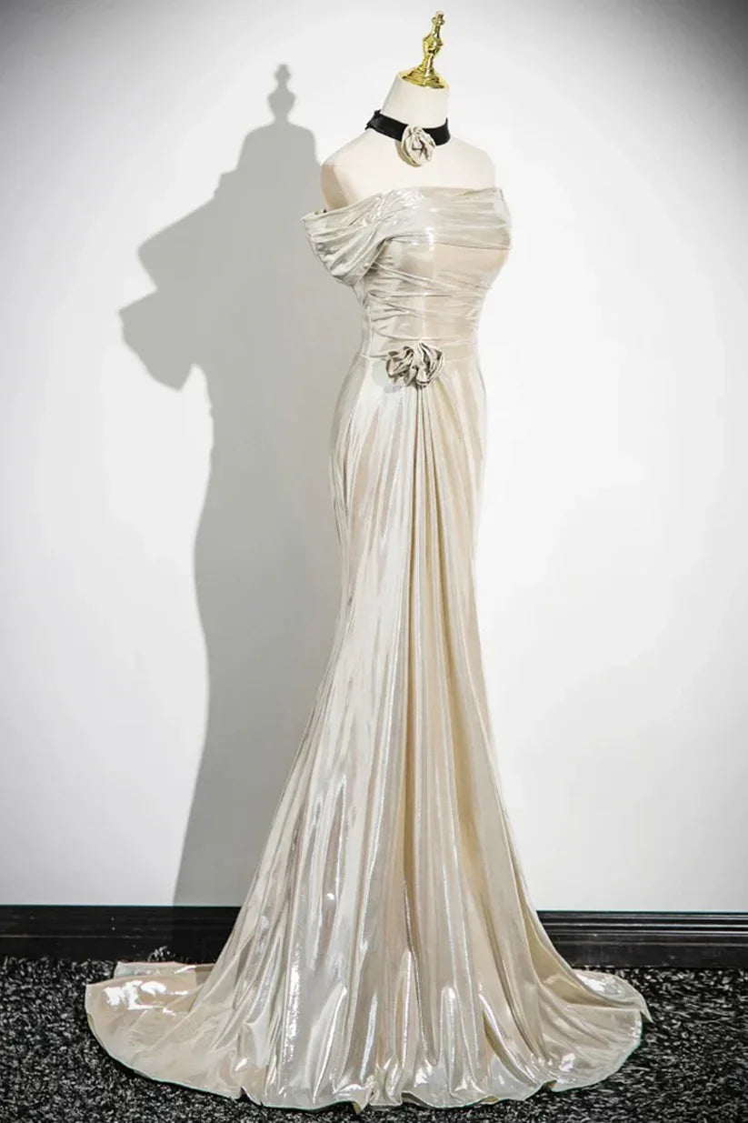 Vestido de Festa de Cetim com Ombros Descobertos e Brilho Encantador, Modelo Sereia Y8202