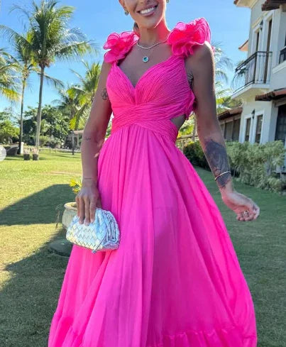 Vestidos de fiesta largos para mujer con escote en V, línea A de gasa con volantes, vestidos de dama de honor sin espalda, vestidos formales de noche Y3043