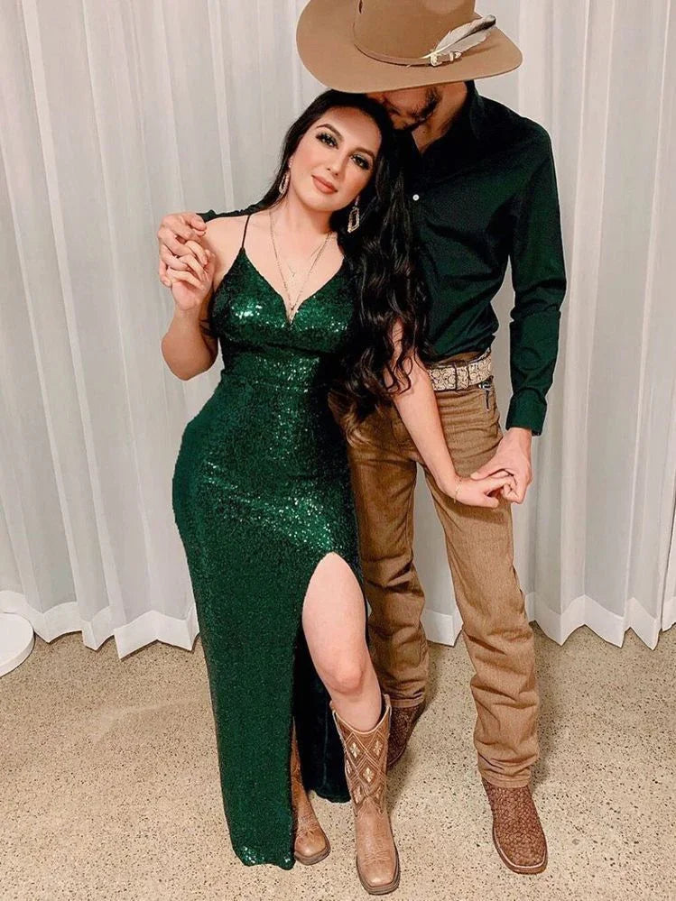 Vestido de noite encantador verde esmeralda com lantejoulas e racha Y2935