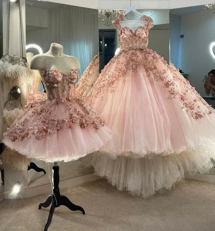 Abito a sfera con applicazioni di fiori rosa cipria, abiti da sera in tulle a linea ad A, abiti per quinceañera Y388