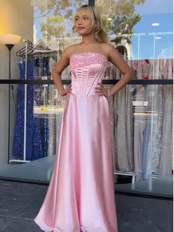Abito da sera formale sirena rosa in raso senza spalline con perline Y7866