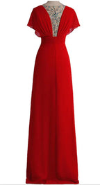 Abito da sera rosso con scollo profondo a V in chiffon, schiena con cristalli, abito formale da sera Y1005